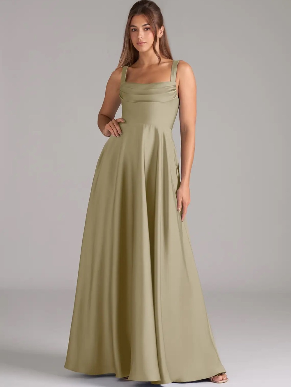 Olive Green Square-Neck Maxi Dress with Wide Straps